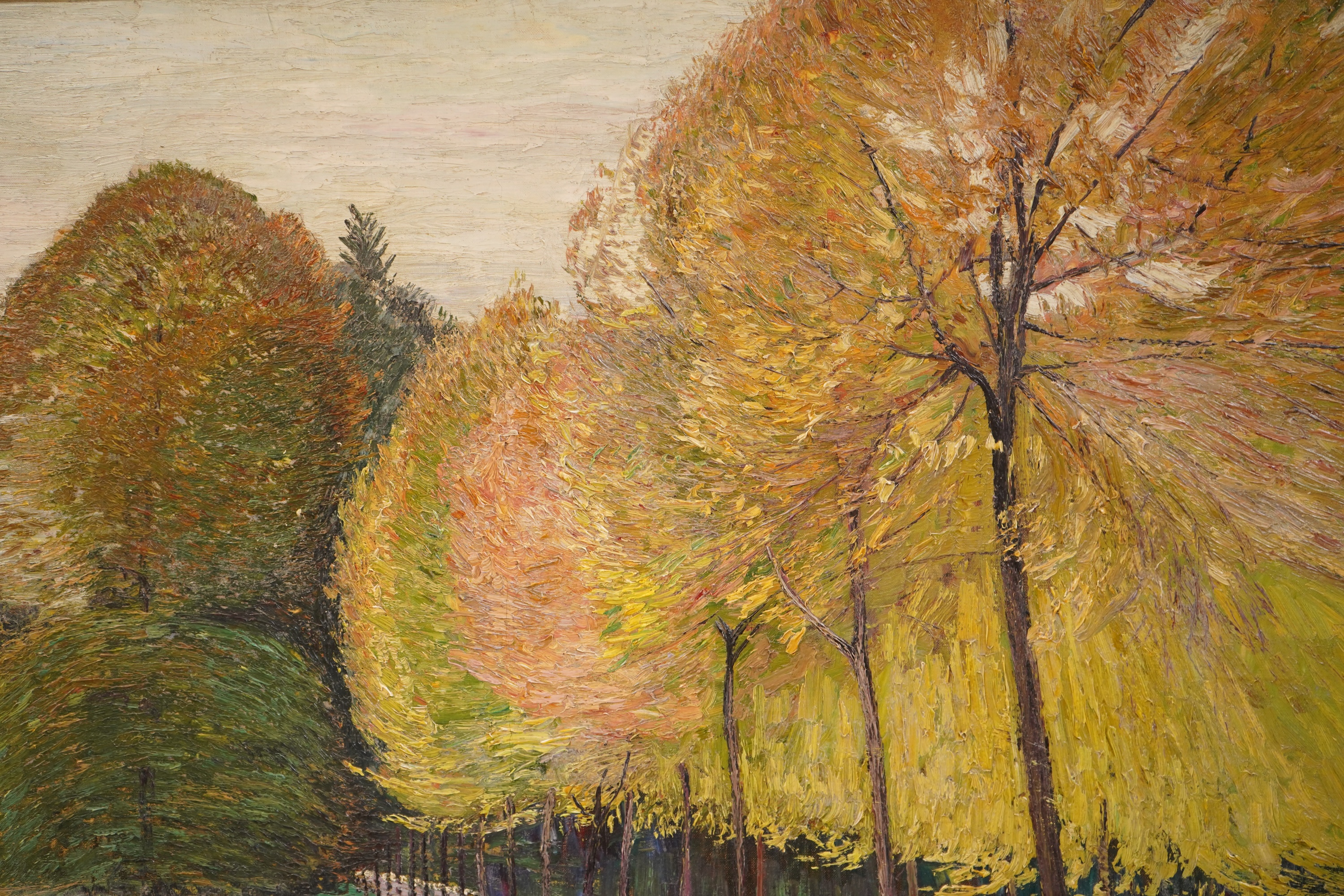 Modern British, Tree lined pathway, indistinctly signed lower left, impasto oil on canvas, 83 x 98cm